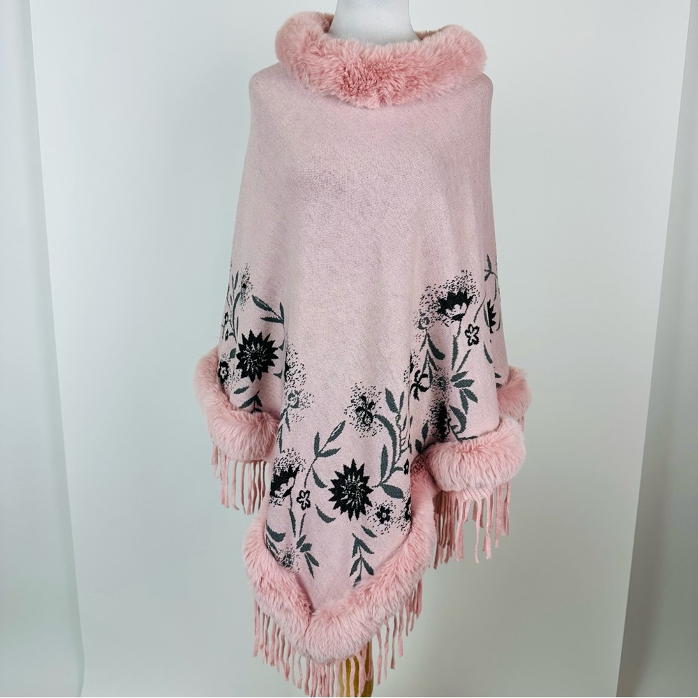 Pink Faux Fur Fringe Hem Knitted Poncho One Size